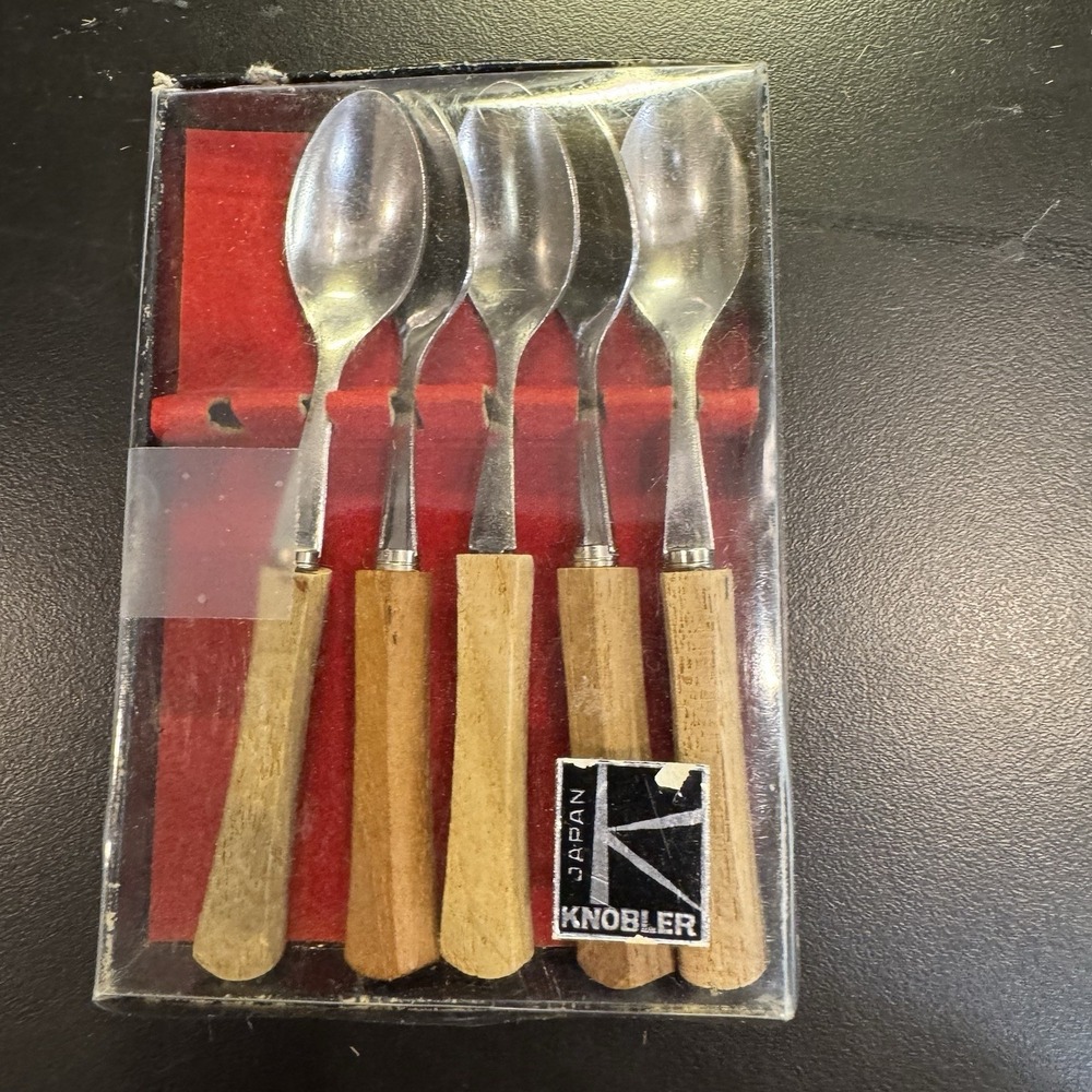 Vintage Set of 5 MCM Cocktail Spoons  Wood Handle Stainless Steel Japan Knobler‎
